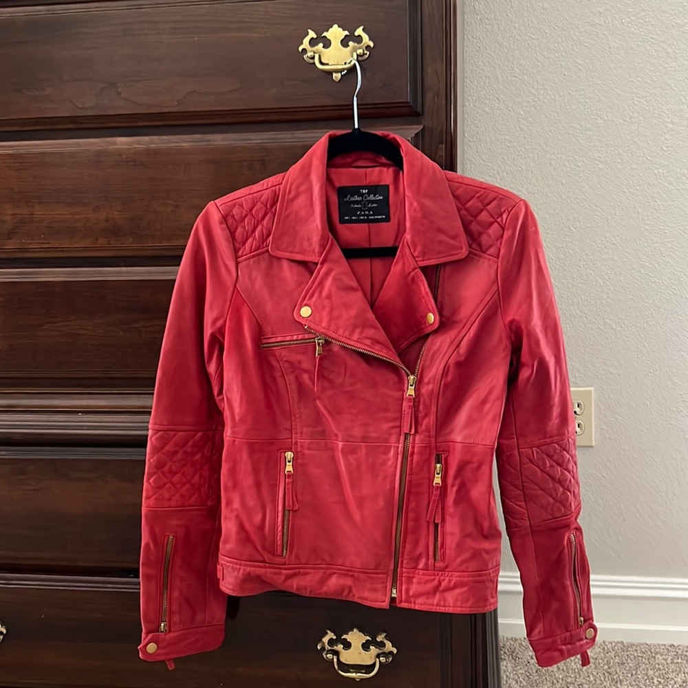Zara TRF Red leather jacket with gold hardware